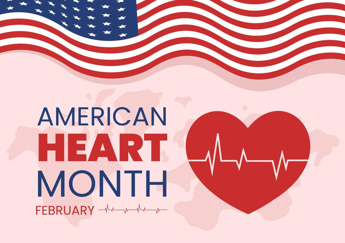 febrero es el mes del corazón americano con un pulso para la salud y la superación de la enfermedad cardiovascular en la ilustración de plantilla dibujada a mano de dibujos animados planos vector