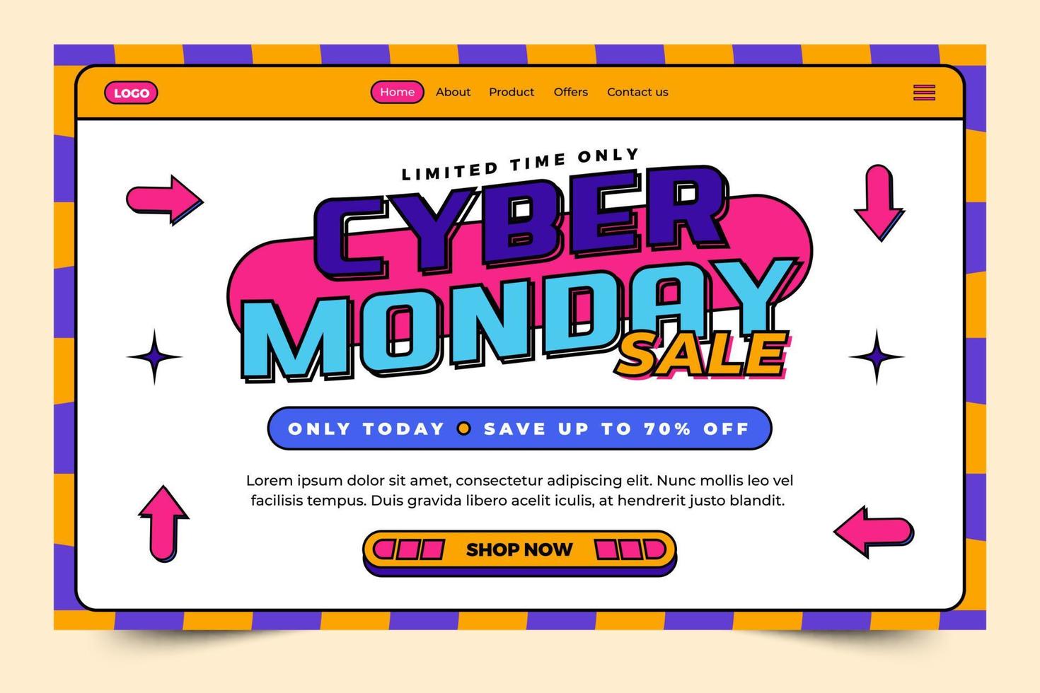 Cyber Monday landing page design template is easy to customize vector