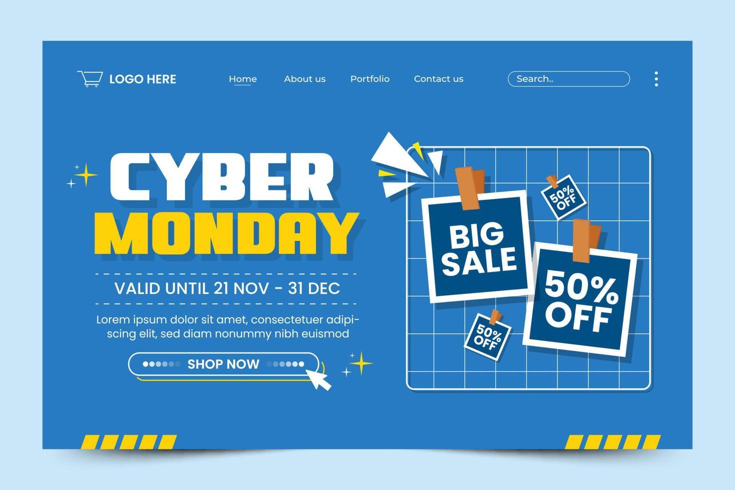 Cyber Monday landing page design template is easy to customize vector