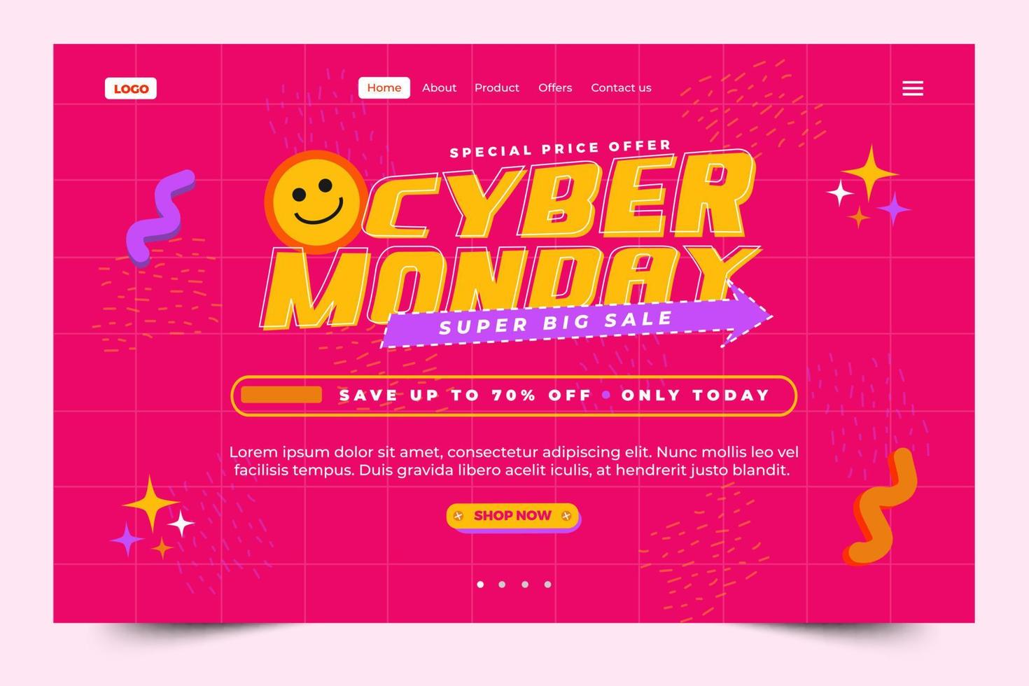 Cyber Monday landing page design template is easy to customize vector