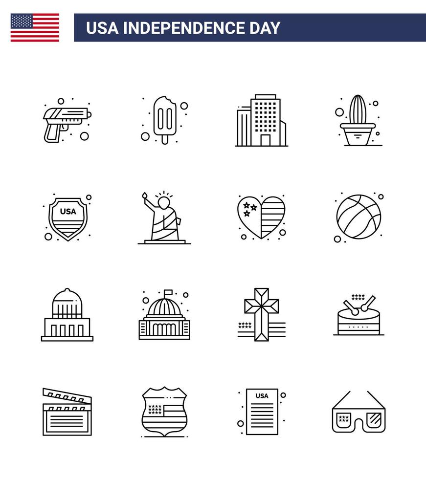 Big Pack of 16 USA Happy Independence Day USA Vector Lines and Editable Symbols of usa shield office security plant Editable USA Day Vector Design Elements