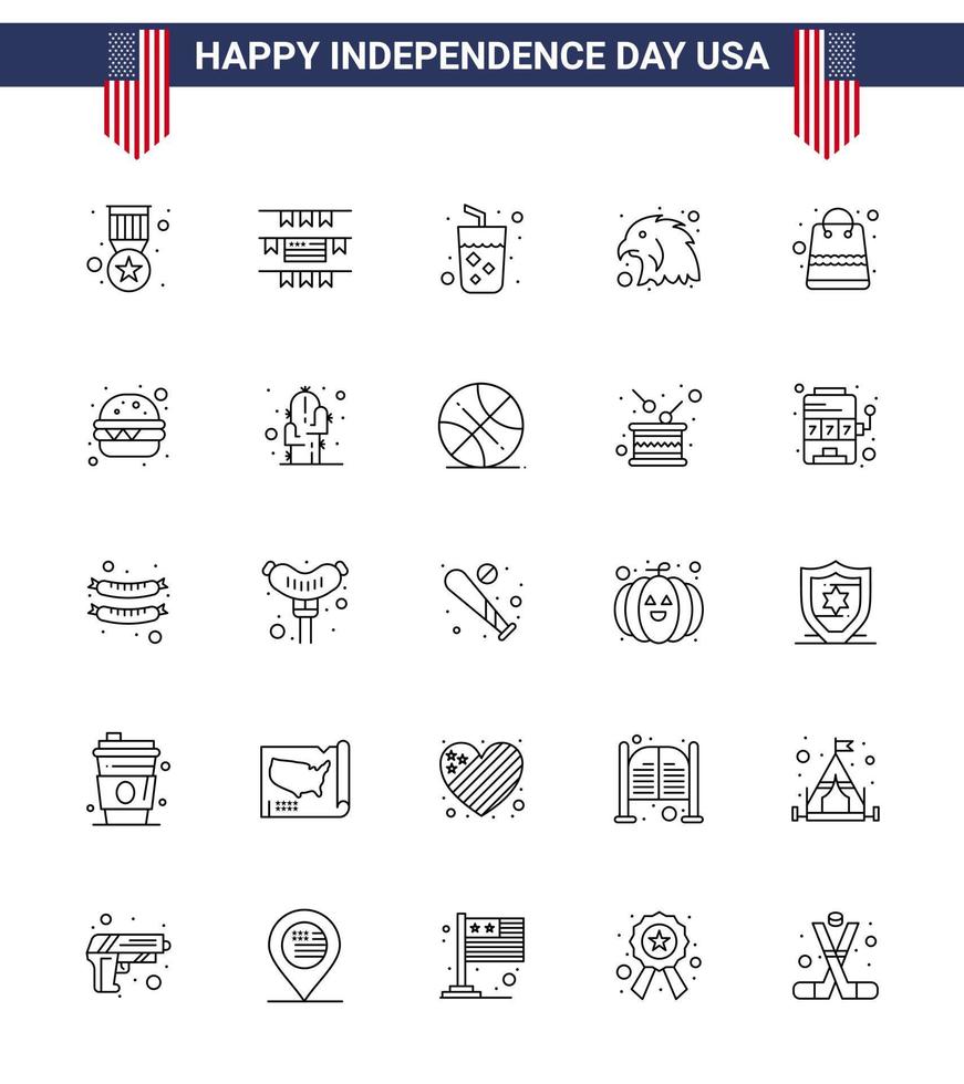 Big Pack of 25 USA Happy Independence Day USA Vector Lines and Editable Symbols of shop money drink bag bird Editable USA Day Vector Design Elements