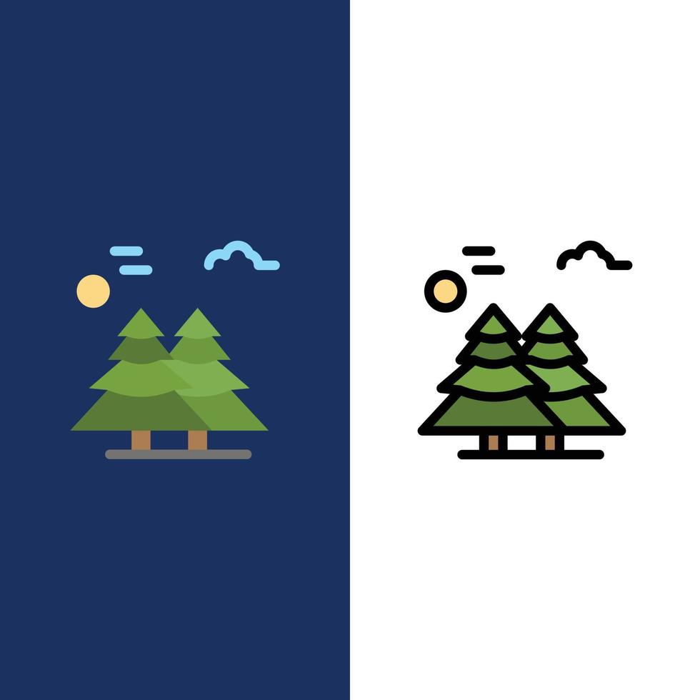 Alpine Arctic Canada Pine Trees Scandinavia  Icons Flat and Line Filled Icon Set Vector Blue Background