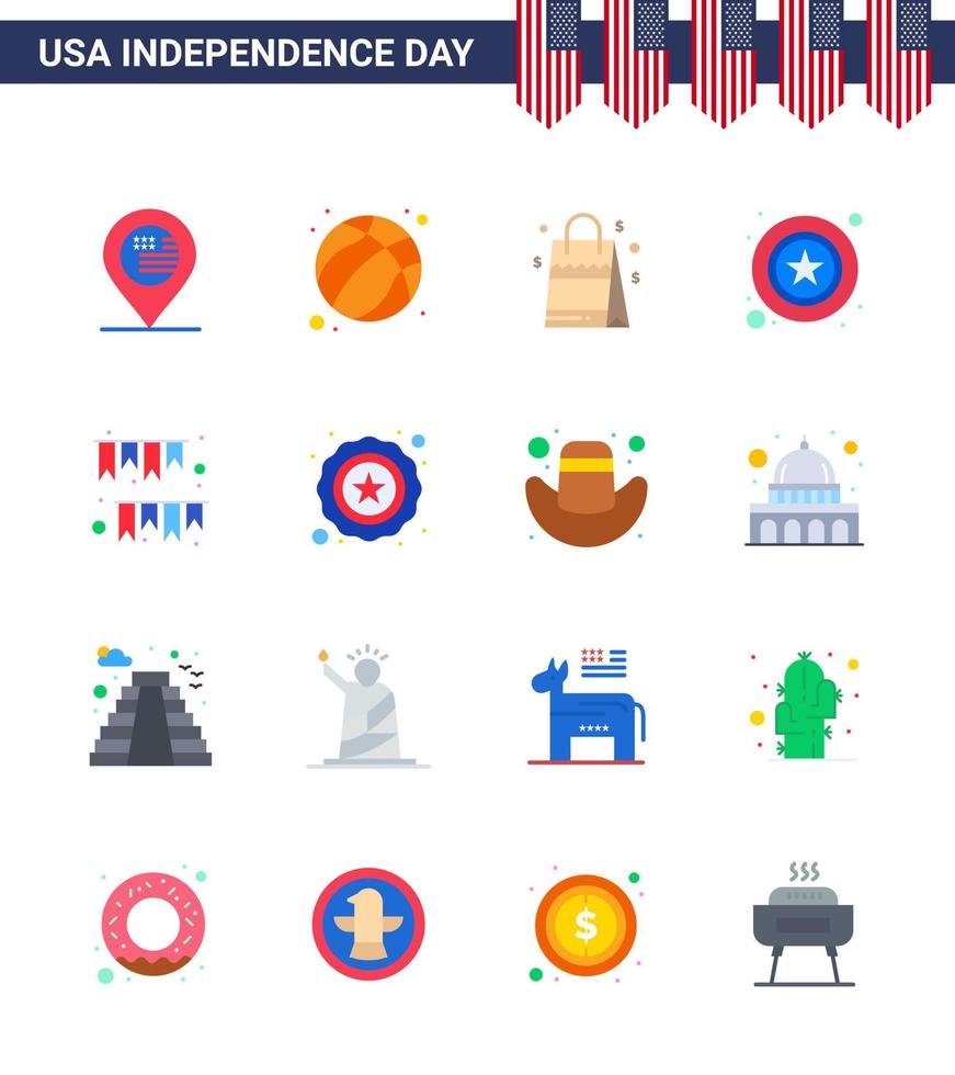 paquete plano de 16 símbolos del día de la independencia de estados unidos de garland sign bag star men elementos de diseño vectorial editables del día de estados unidos vector