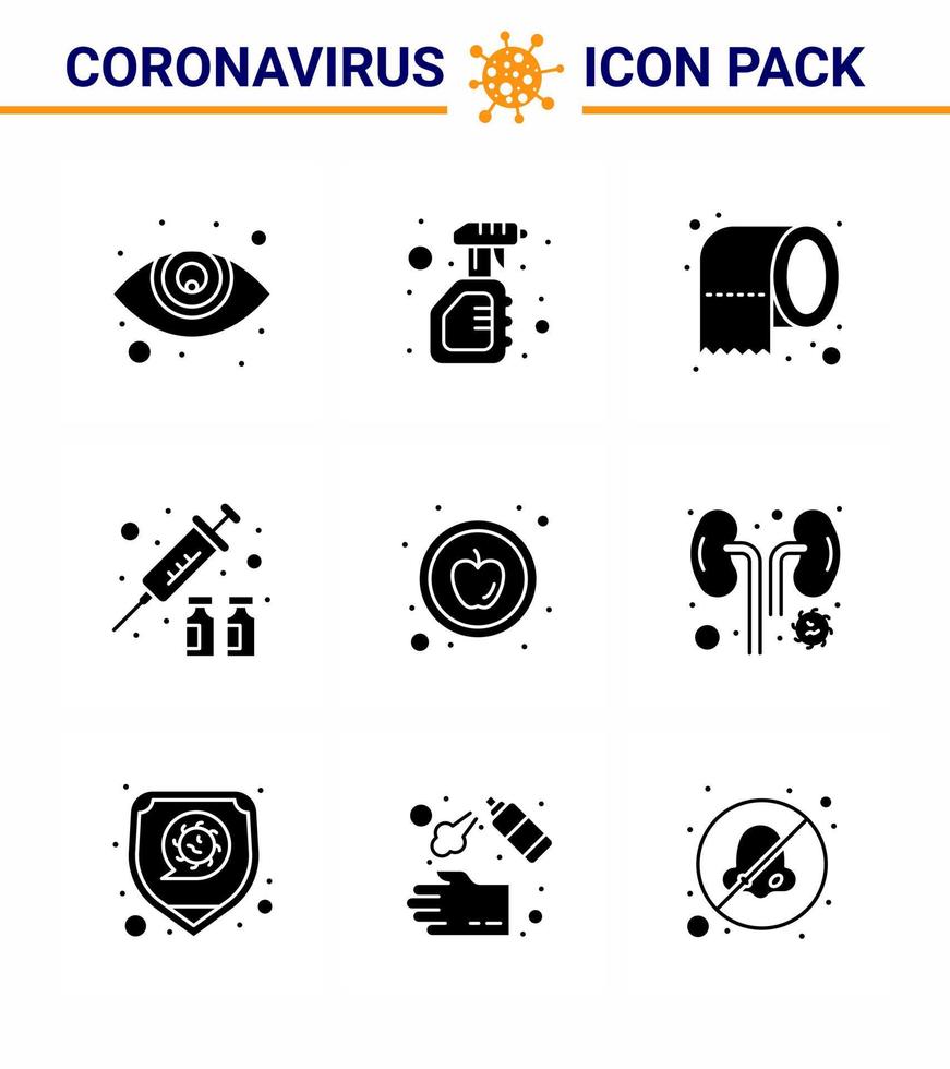 Covid19 icon set for infographic 9 Solid Glyph Black pack such as food medicine cleaning virus vaccine flu viral coronavirus 2019nov disease Vector Design Elements