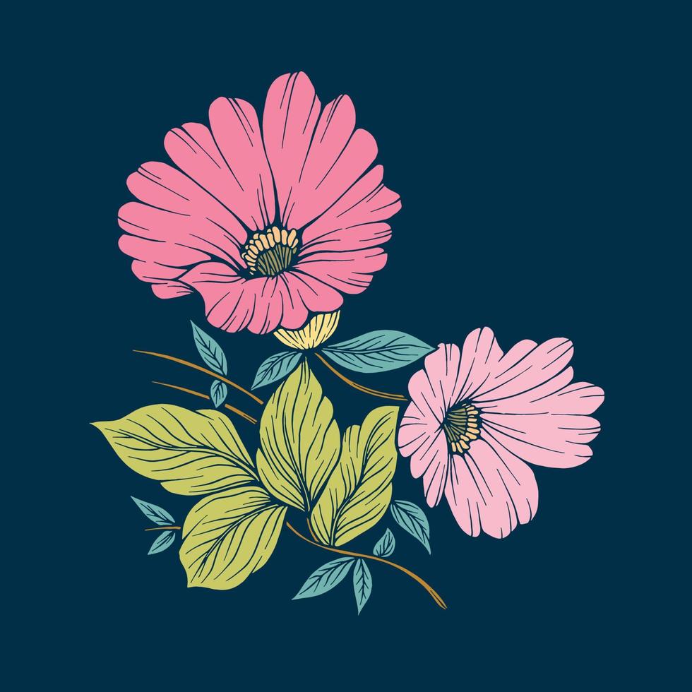 ilustración dibujada a mano de plantas y flores de belleza en estilo de arte de línea colorida para fondo, patrón floral, invitaciones e impresión de tela vector