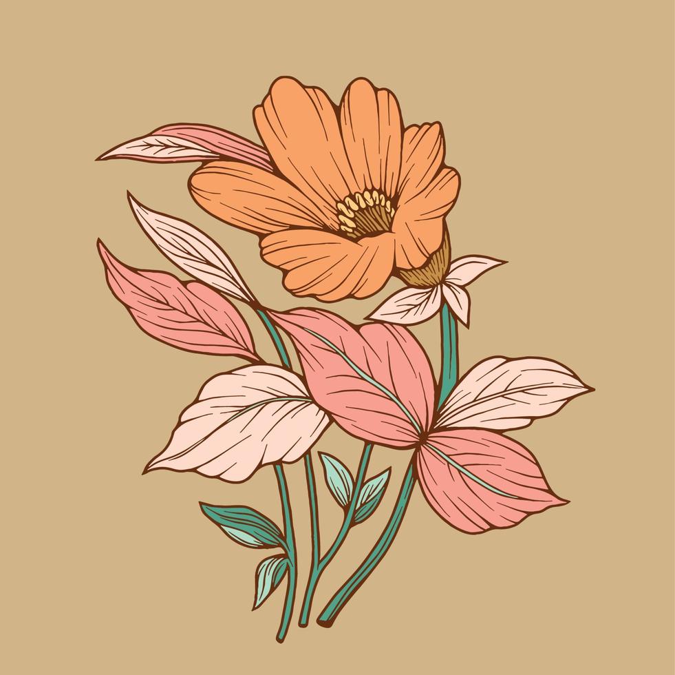 ilustración dibujada a mano de plantas y flores de belleza en estilo de arte de línea colorida para fondo, patrón floral, invitaciones e impresión de tela vector