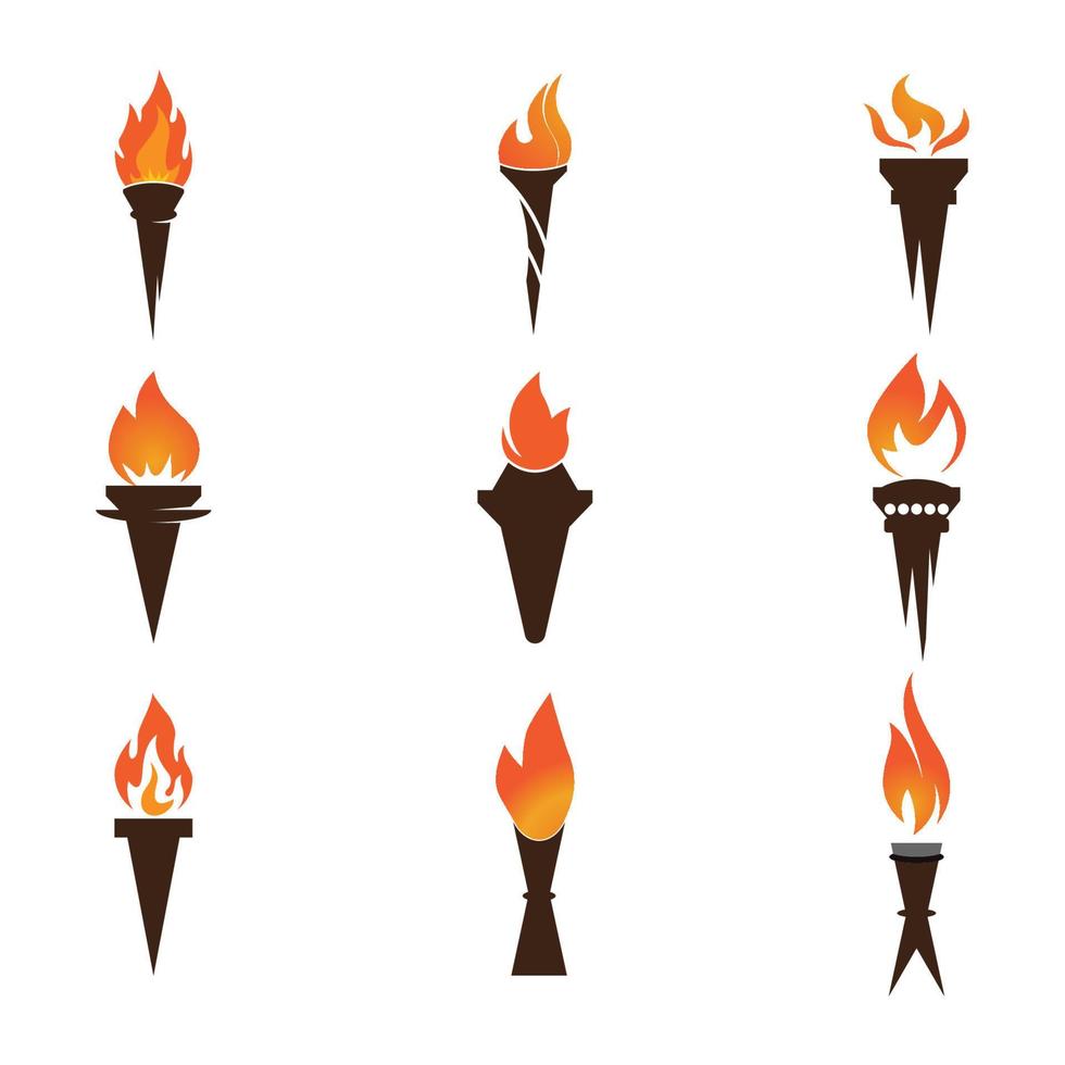 Fire torch with flame flat icons set. Collection of symbol flaming, illustration vector