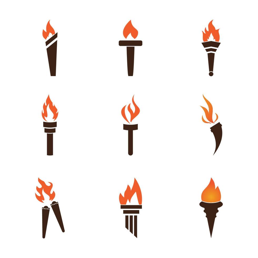 Fire torch with flame flat icons set. Collection of symbol flaming, illustration vector