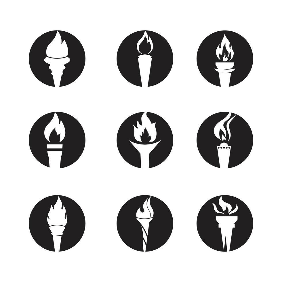 Fire torch with flame flat icons set. Collection of symbol flaming, illustration vector