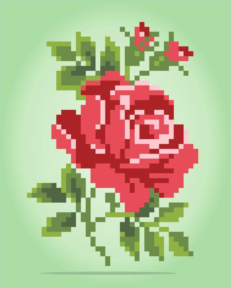 8 bit pixels of roses. Red flowers for Cross Stitch patterns, in vector illustrations.