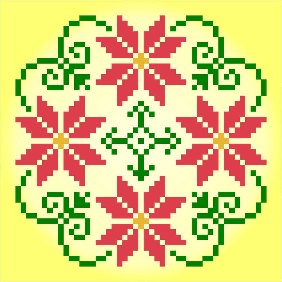 8 bit pixel flower ornaments. Circle of flowers for cross stitch patterns, in vector illustrations.