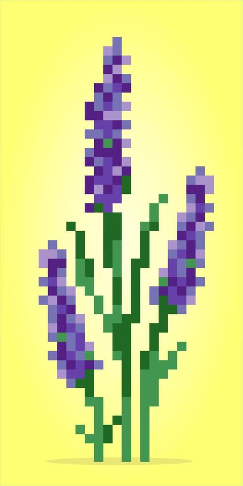 Píxeles de 8 bits de flor de lavanda. flores violetas para patrones de punto de cruz, en ilustraciones vectoriales. vector