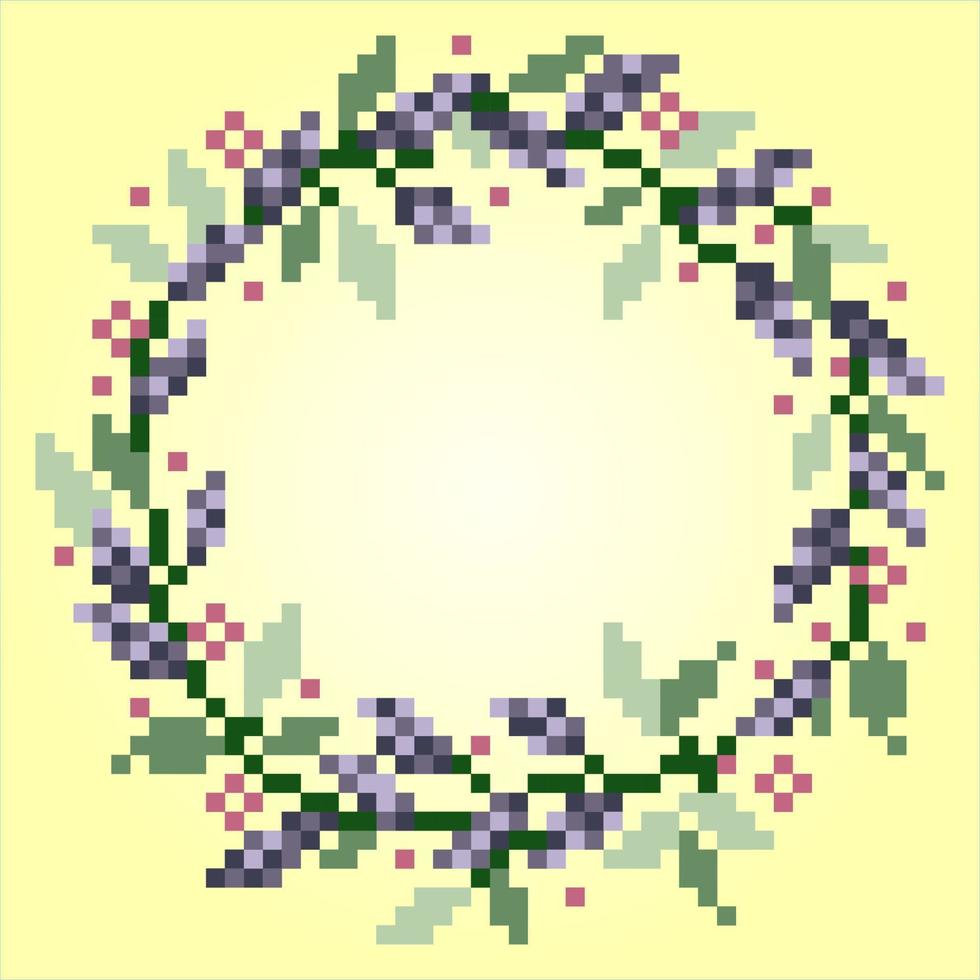 8 bit pixel flower ornaments. Circle of flowers for cross stitch patterns, in vector illustrations.