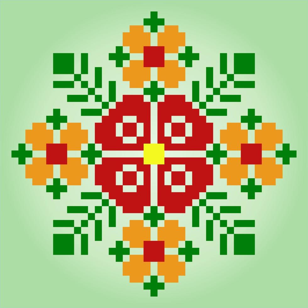 Adornos de flores de píxeles de 8 bits. círculo de flores para patrones de punto de cruz, en ilustraciones vectoriales. vector