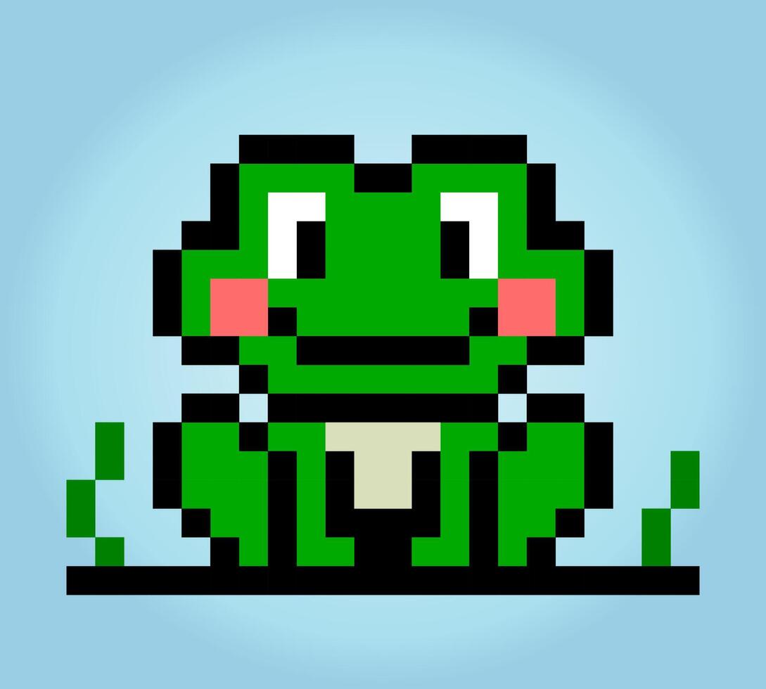 8 bit pixel green frog. Pixel animals in vector illustrations for cross stitch pattern and game assets.