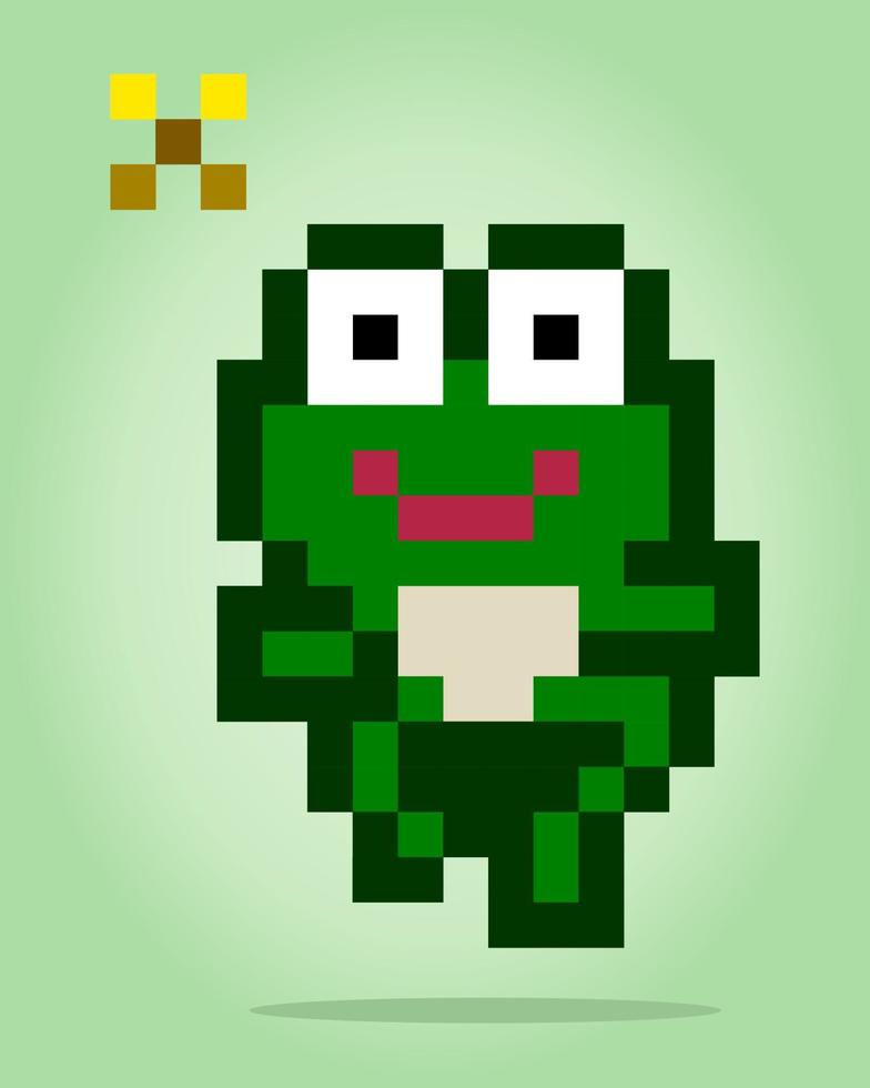8 bit pixel frog jump. Animals in vector illustrations for cross stitches and game assets.