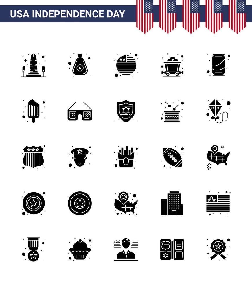 25 Creative USA Icons Modern Independence Signs and 4th July Symbols of soda beer cash rail cart Editable USA Day Vector Design Elements