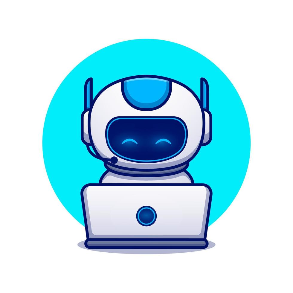 Cute Robot Operating Laptop Cartoon Vector Icon Illustration. Science Technology Icon Concept Isolated Premium Vector. Flat Cartoon Style