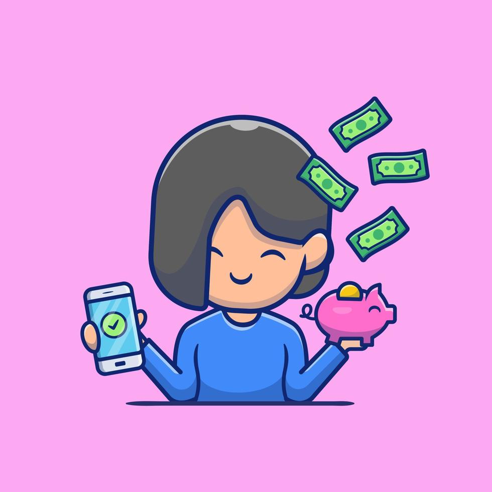 linda chica sosteniendo teléfono y alcancía con ilustración de icono de vector de dibujos animados de dinero. concepto de icono de inversión de pago en línea vector premium aislado. estilo de dibujos animados plana