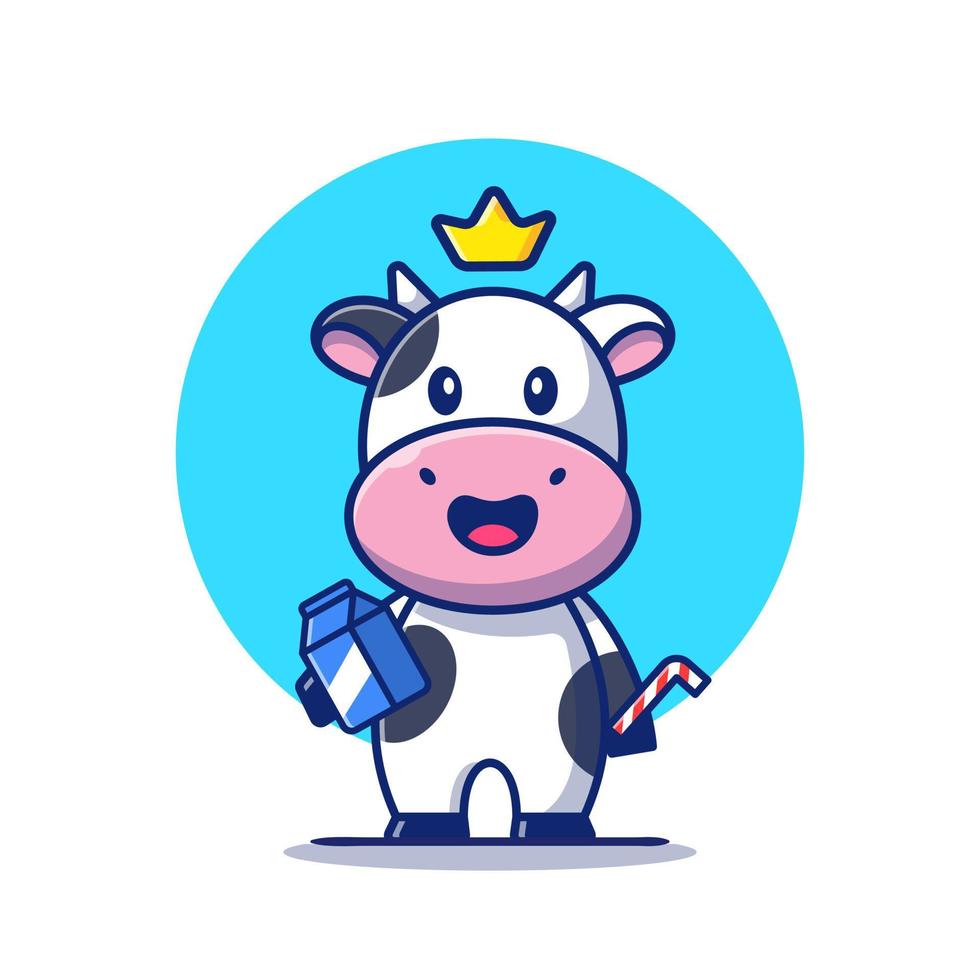 Cute Cow Holding Milk Box And Straw Cartoon Vector Icon Illustration. Animal Food Icon Concept Isolated Premium Vector. Flat Cartoon Style