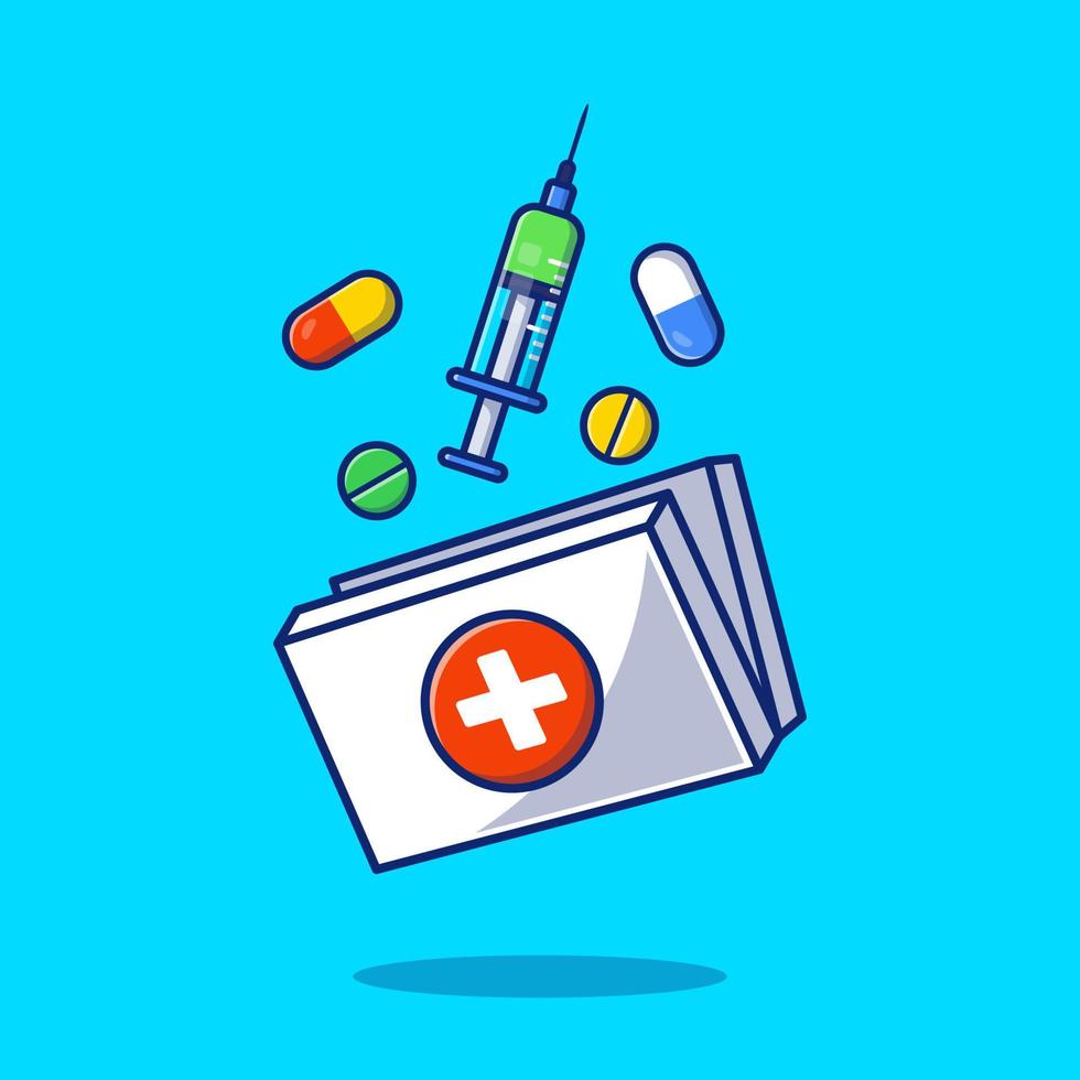 Medicine Storage Box, Injection, Pills And Tablets Cartoon Vector Icon Illustration. Healthcare Medicine Icon Concept Isolated Premium Vector. Flat Cartoon Style