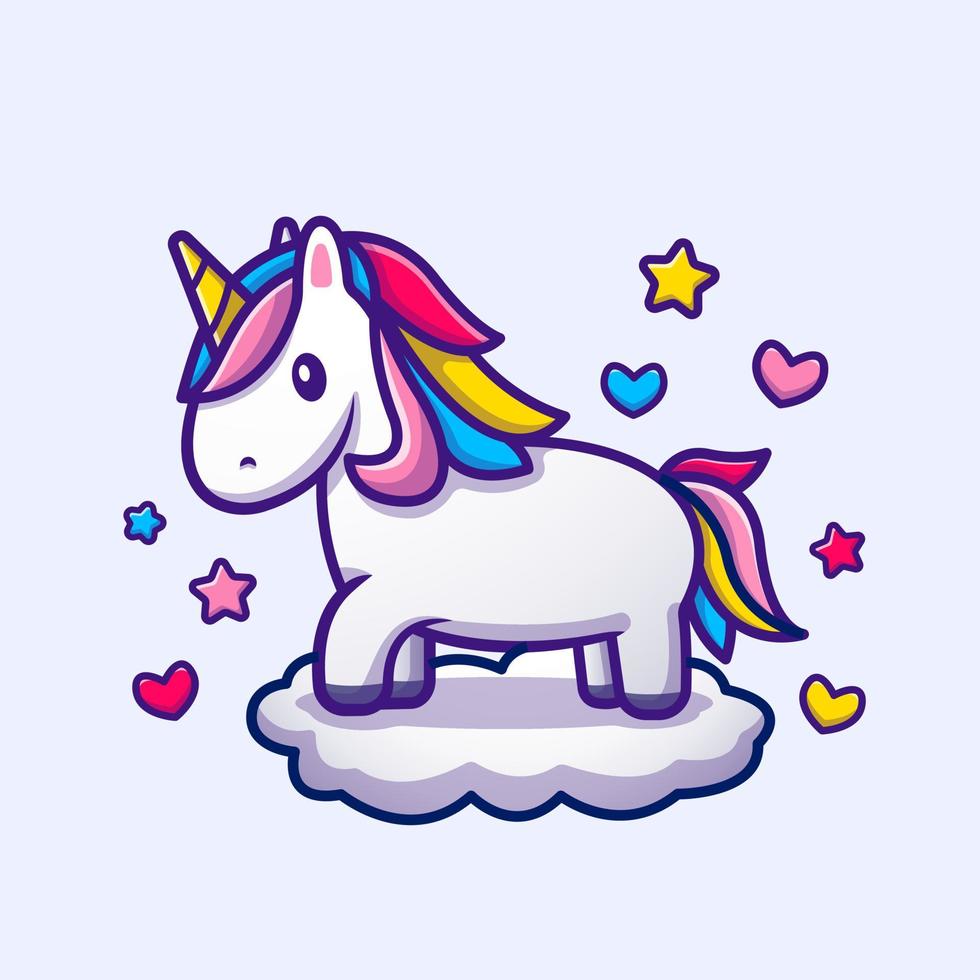 lindo unicornio de pie en la ilustración de icono de vector de dibujos animados de nube. concepto de icono de amor animal vector premium aislado. estilo de dibujos animados plana