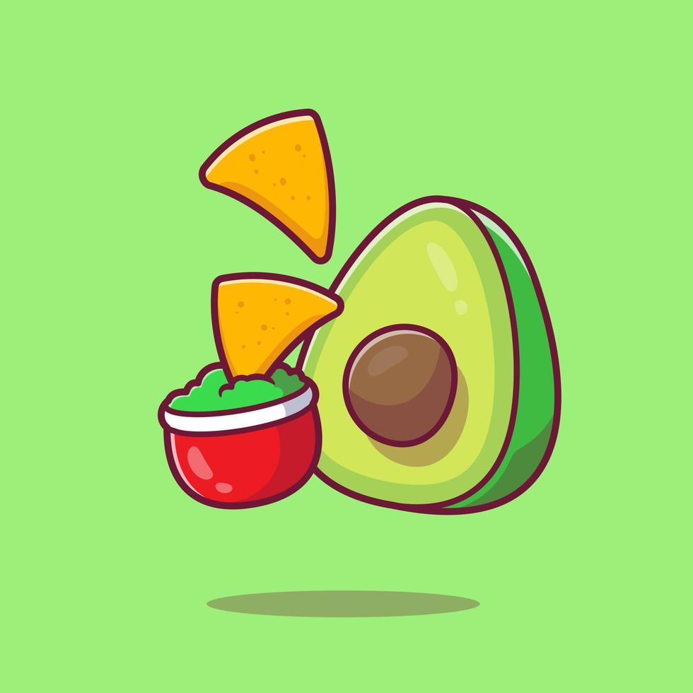 nachos con ilustración de icono de vector de dibujos animados de salsa de aguacate. concepto de icono de comida mexicana vector premium aislado. estilo de dibujos animados plana