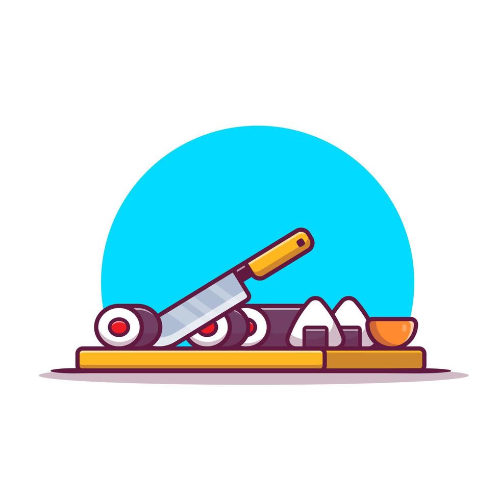 Sushi And Onigiri With Knife Cartoon Vector Icon Illustration. Japanese Food Icon Concept Isolated Premium Vector. Flat Cartoon Style