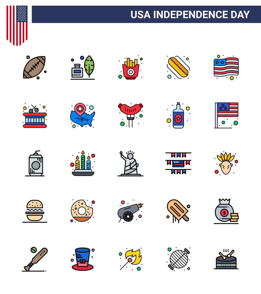 Happy Independence Day 4th July Set of 25 Flat Filled Lines American Pictograph of usa country fast states american Editable USA Day Vector Design Elements