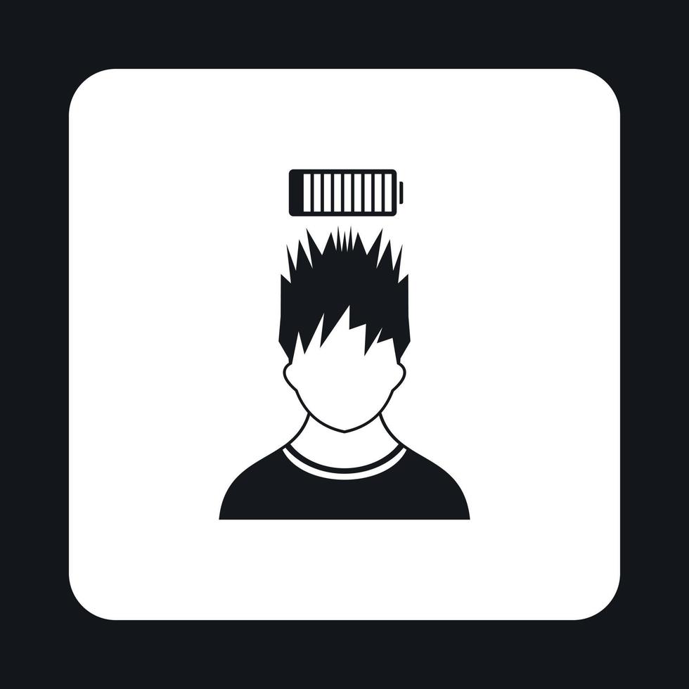 Man with low battery over head icon, simple style vector