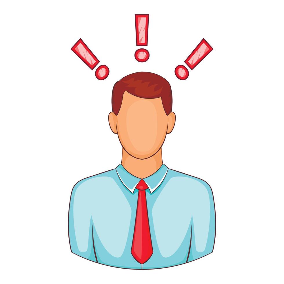 Man with exclamation marks icon, cartoon style vector