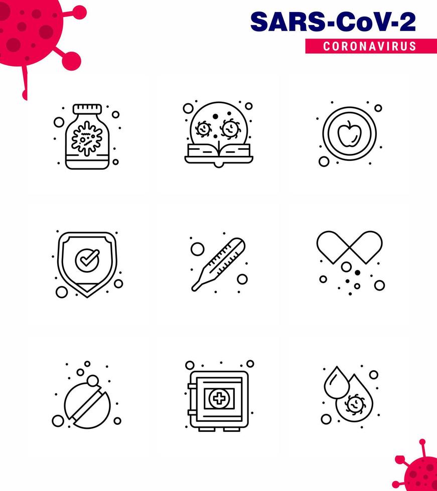 corona virus prevention covid19 tips to avoid injury 9 Line icon for presentation temperature shield virus safety medical viral coronavirus 2019nov disease Vector Design Elements
