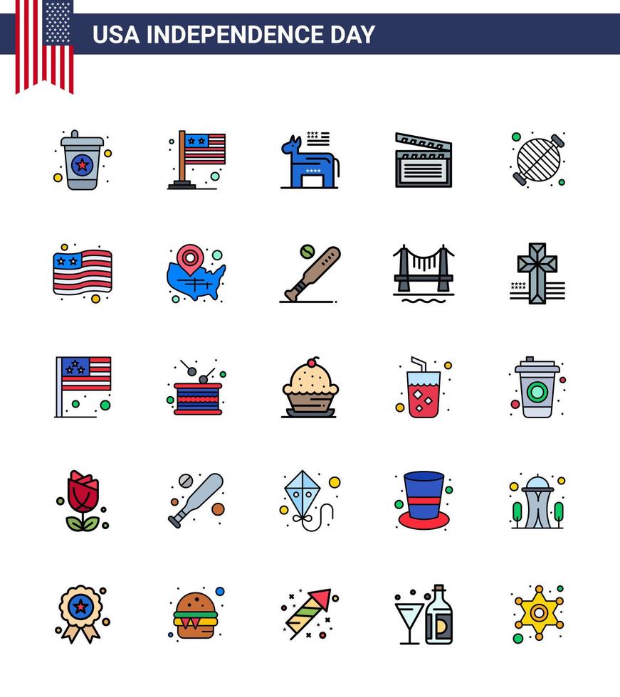 grupo de 25 líneas rellenas planas establecidas para el día de la independencia de los estados unidos de américa, como bbq food american usa movis elementos editables de diseño de vectores del día de usa