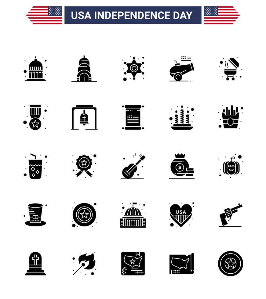 25 USA Solid Glyph Signs Independence Day Celebration Symbols of grill barbecue police mortar cannon Editable USA Day Vector Design Elements