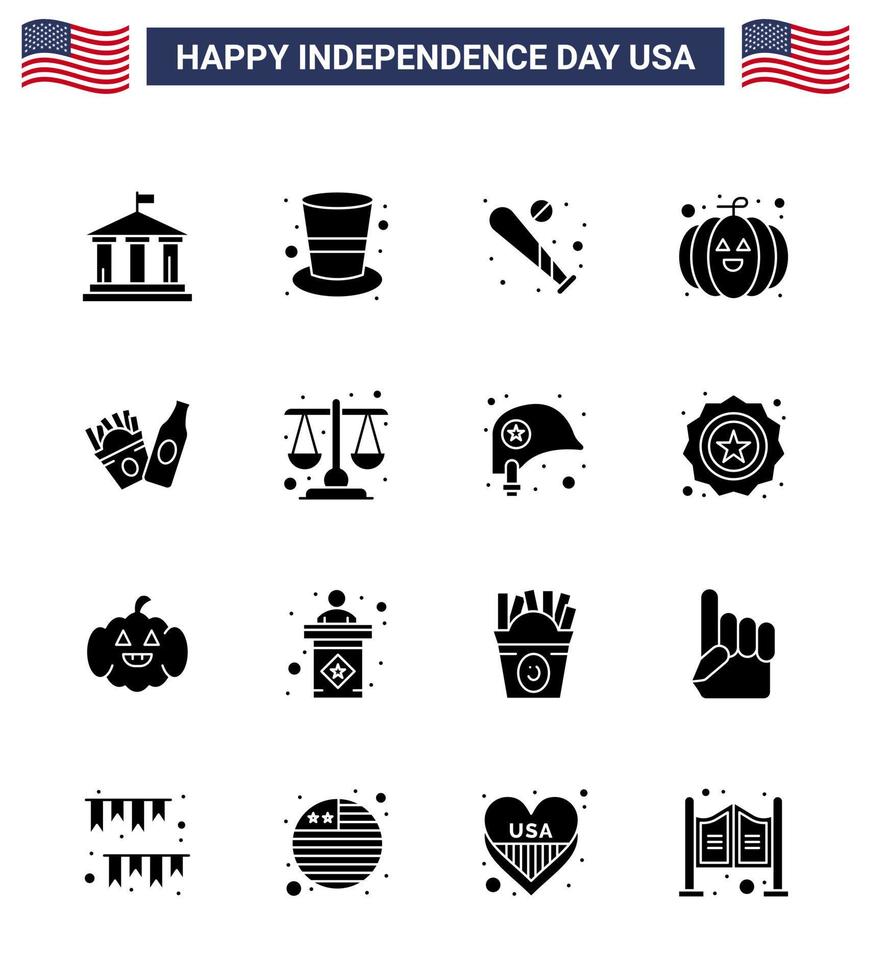 Big Pack of 16 USA Happy Independence Day USA Vector Solid Glyphs and Editable Symbols of frise festival ball pumpkin usa Editable USA Day Vector Design Elements
