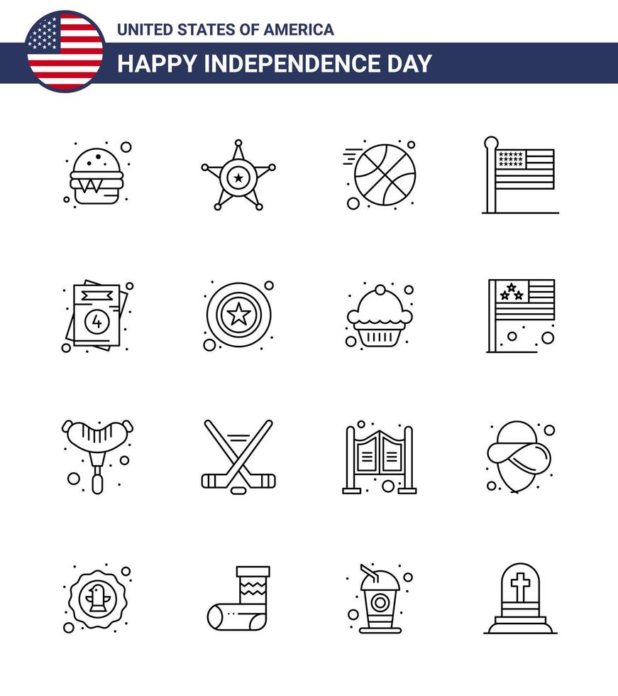 conjunto de líneas del día de la independencia de estados unidos de 16 pictogramas de estados unidos de baloncesto de invitación de estados unidos elementos de diseño de vector de día de estados unidos editables