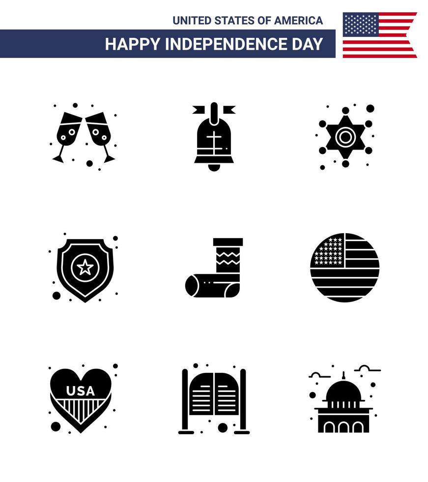 Happy Independence Day 4th July Set of 9 Solid Glyphs American Pictograph of festivity celebration police sign police Editable USA Day Vector Design Elements