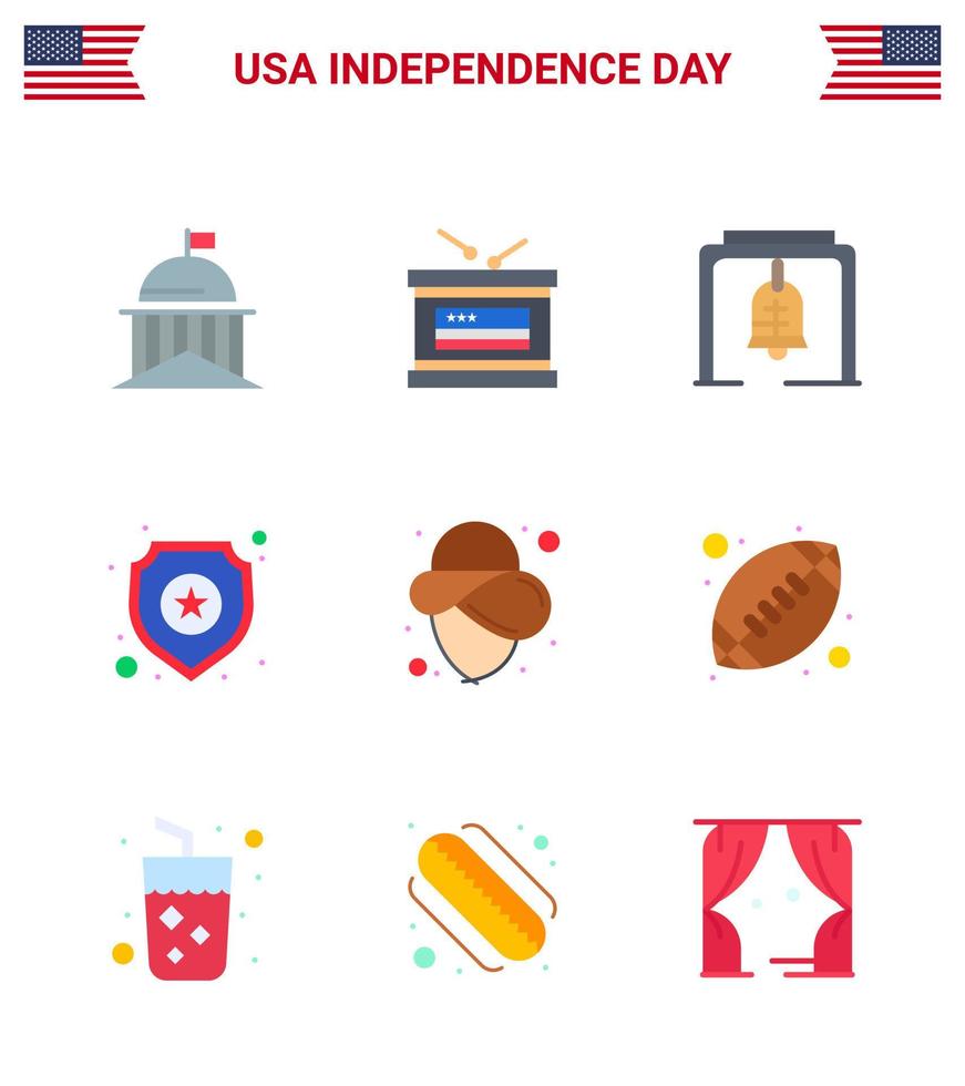 feliz día de la independencia 4 de julio conjunto de 9 pisos pictograma americano de la estrella de estados unidos día de la independencia campana de la iglesia de la policía editable elementos de diseño vectorial del día de estados unidos vector