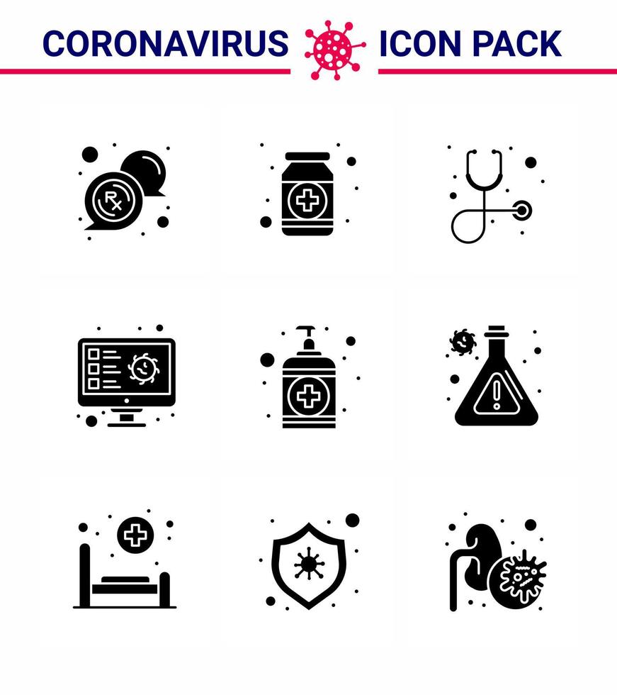 9 glifo sólido negro coronavirus enfermedad y prevención vector icono registro escaneo medicina detección estetoscopio coronavirus viral 2019nov enfermedad vector elementos de diseño