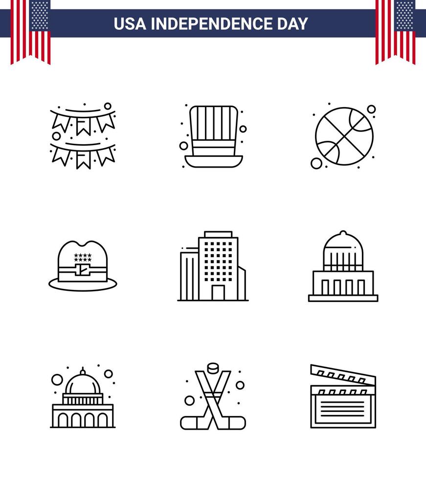 4th July USA Happy Independence Day Icon Symbols Group of 9 Modern Lines of office american usa cap day Editable USA Day Vector Design Elements