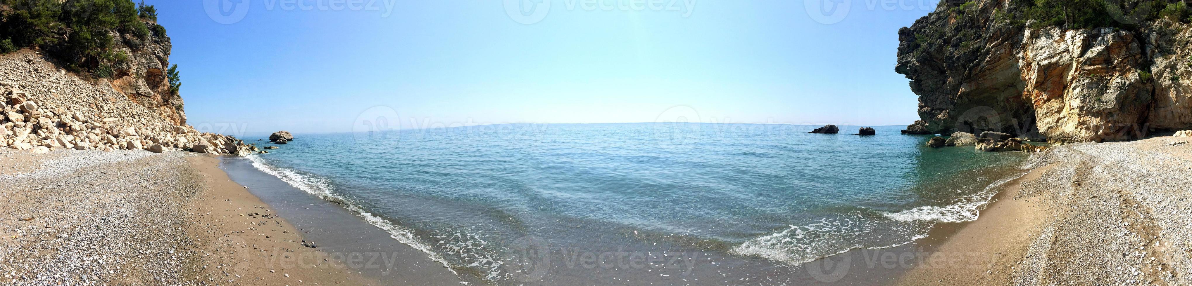Mediterranean Sea, Antalya Coast, Turkey. Panaramic view of stunning cozy beach with turquoise water and yellow sand photo
