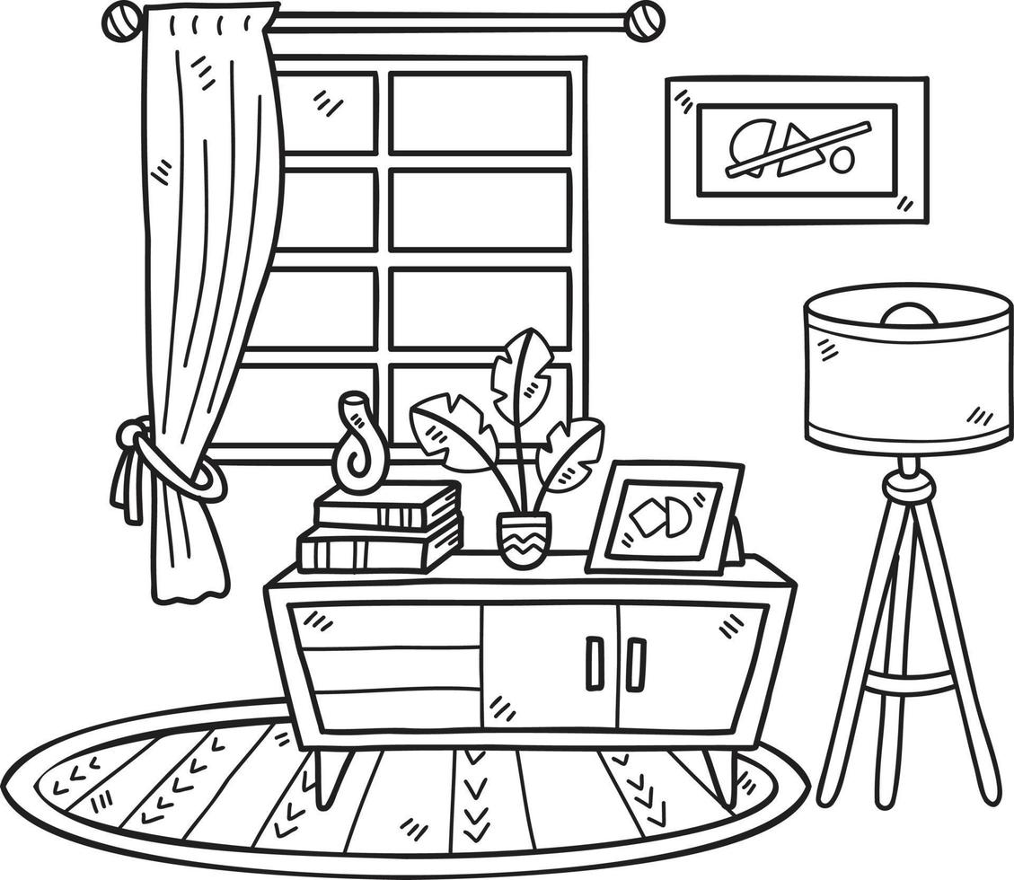 estantes dibujados a mano con lámparas y ventanas ilustración de la habitación interior vector