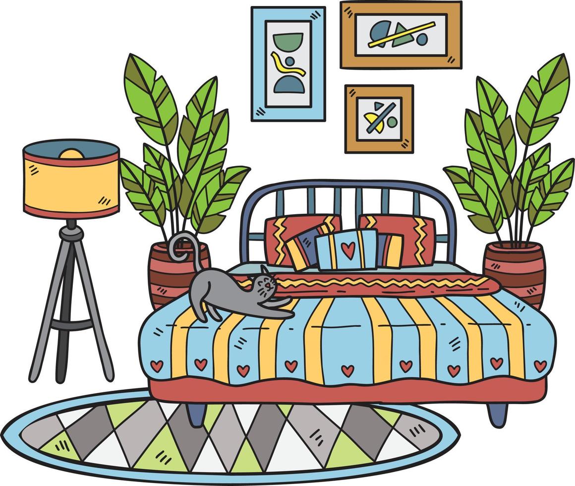 cama dibujada a mano con lámpara y plantas ilustración de la habitación interior vector