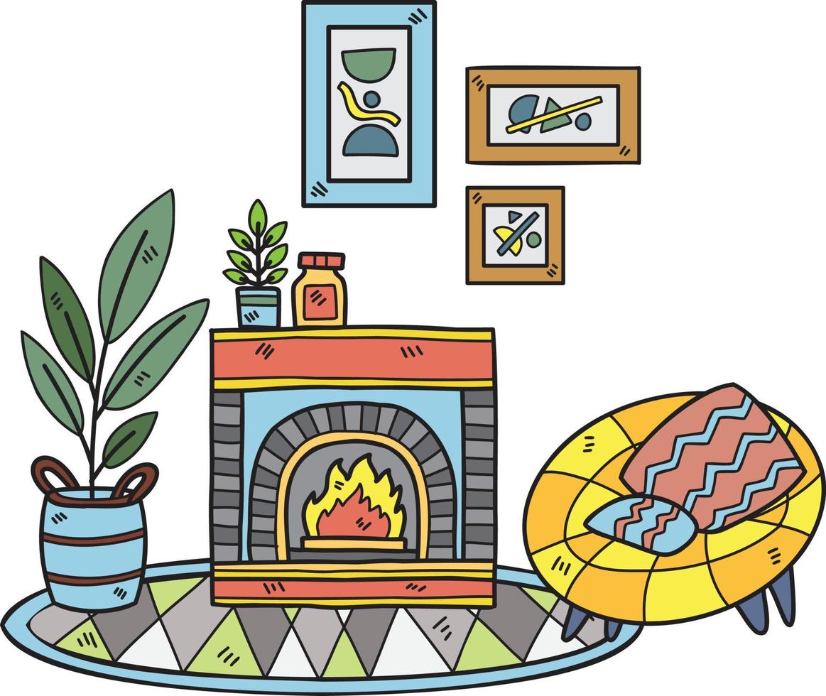 chimenea dibujada a mano con plantas y sofá ilustración de la habitación interior vector