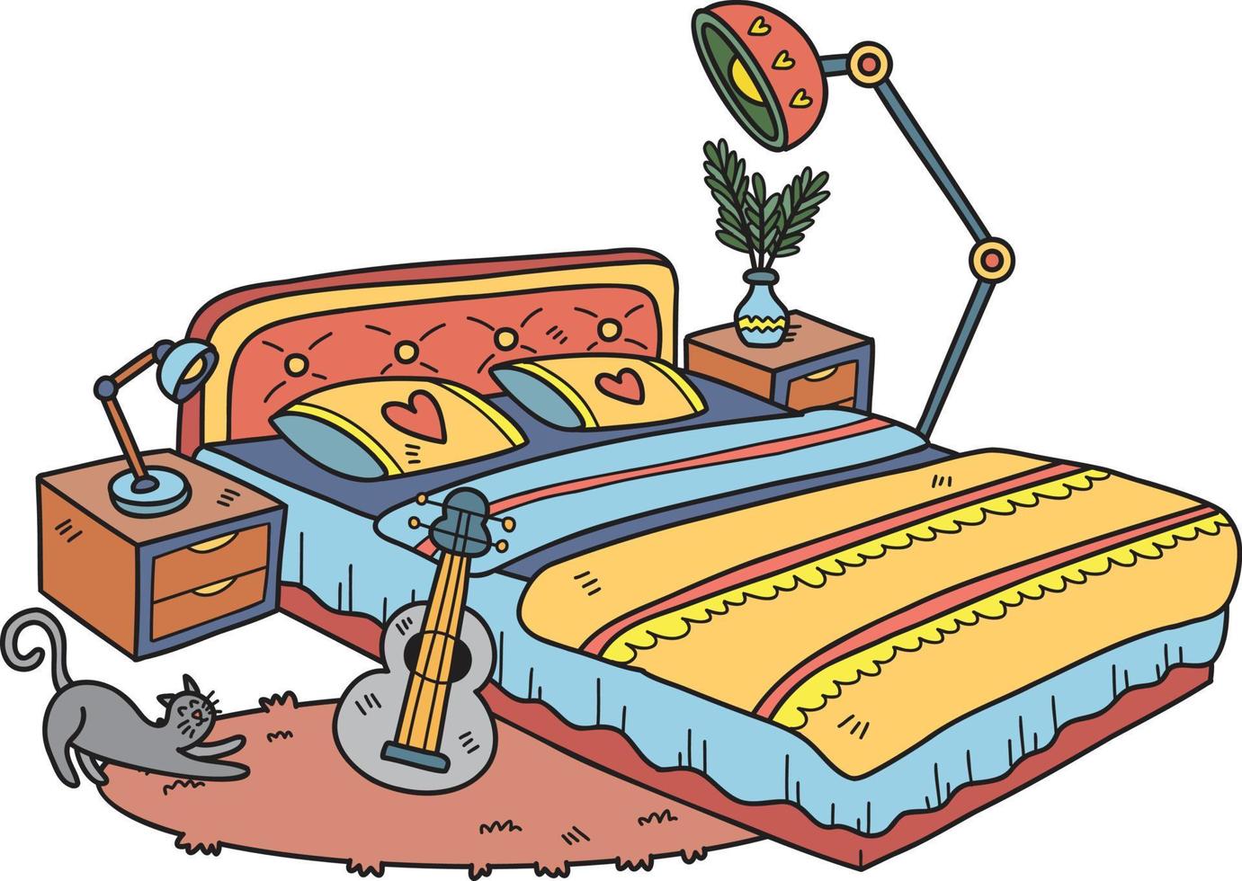 cama dibujada a mano con ilustración de habitación interior de lámpara y guitarra vector