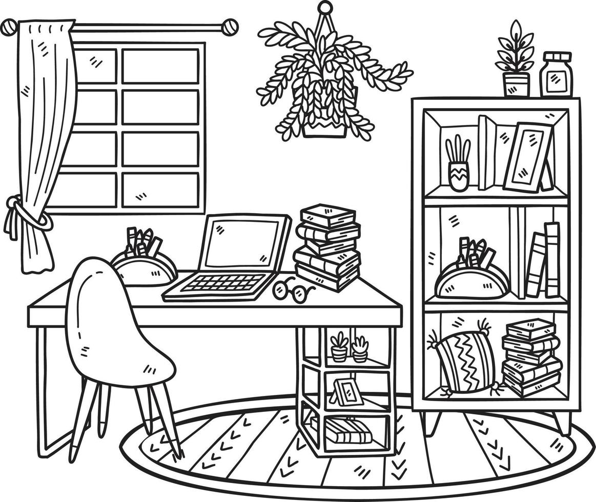 Hand Drawn Work desk with bookshelf and window interior room illustration vector