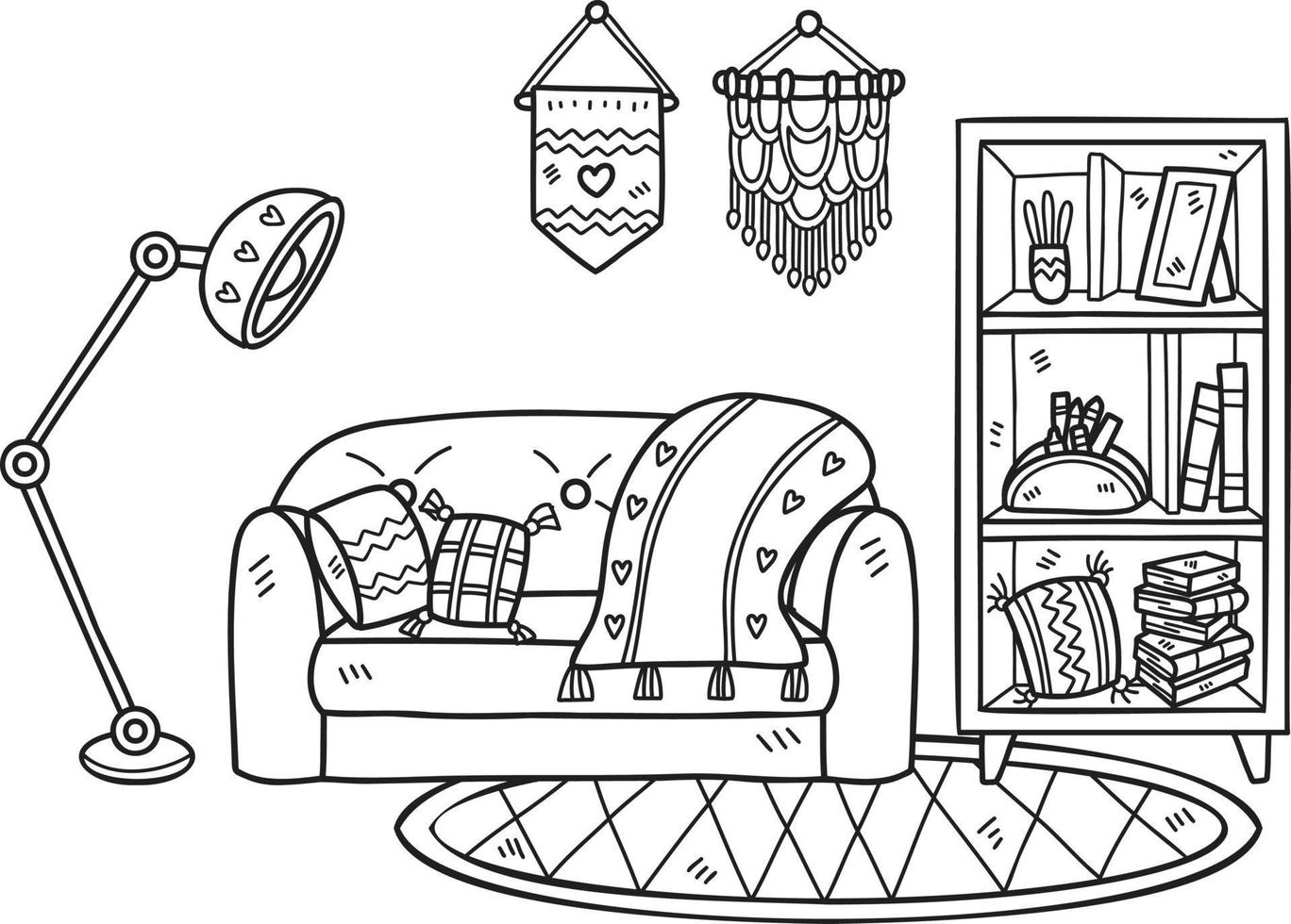 sofá dibujado a mano con lámparas y estantes ilustración de la habitación interior vector