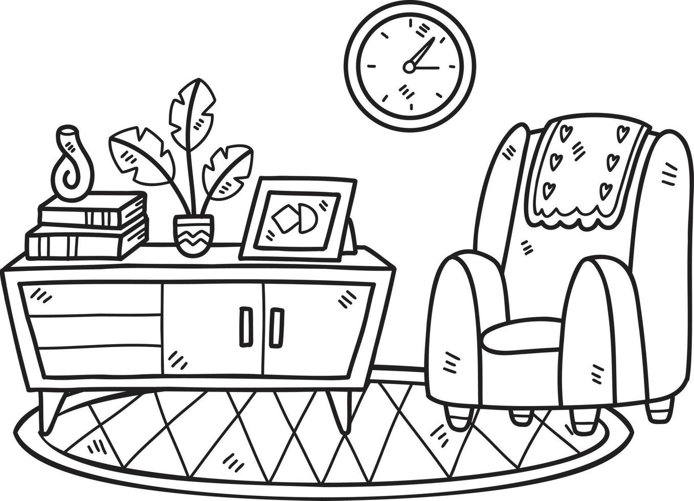 Hand Drawn sofa and shelves interior room illustration vector