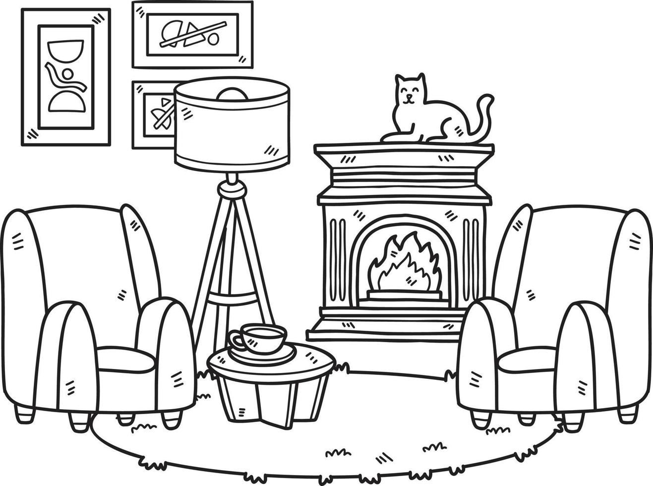 Hand Drawn Fireplace with cats and sofa interior room illustration vector